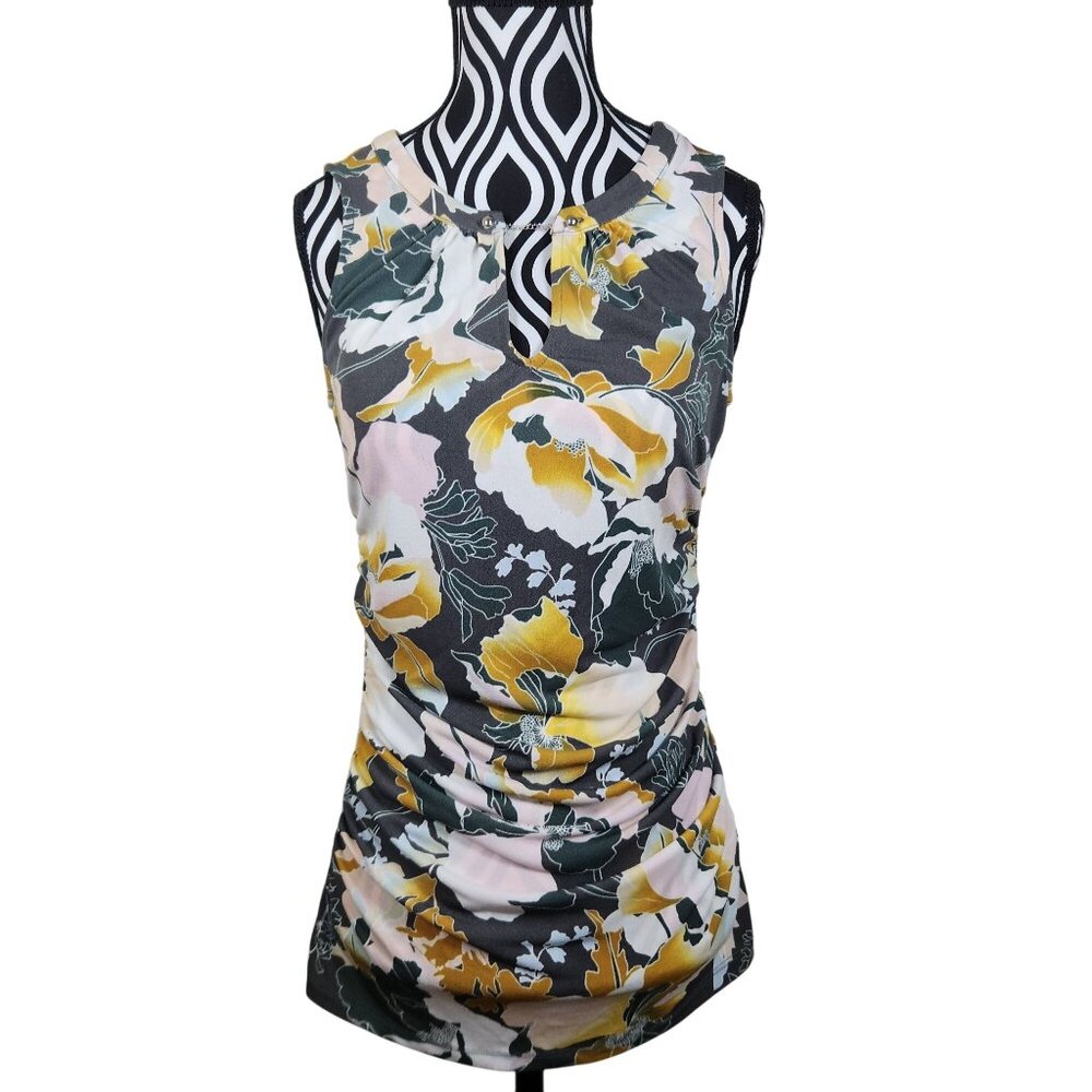 NY&C Floral Print Sleeveless Ruched Top  XS Polyester Blend